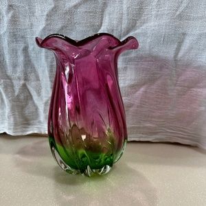 Teleflora Collectible Vase,  Art Glass, cranberry pink and green vase.